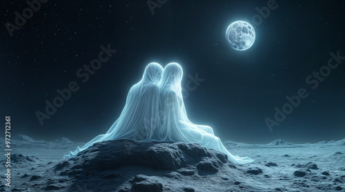 Two women are sitting on a rock in the dark, with a full moon in the background