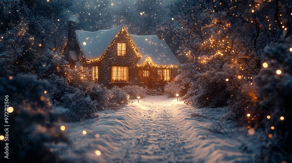 Snow-covered footpath leading to a cozy home, with warm lights glowing through the windows and a welcoming front porch. 4K hyperrealistic photo. Snow-covered footpath leading to a cozy home, with warm lights glowing through the windows and a welcoming front porch. 4K hyperrealistic photo.