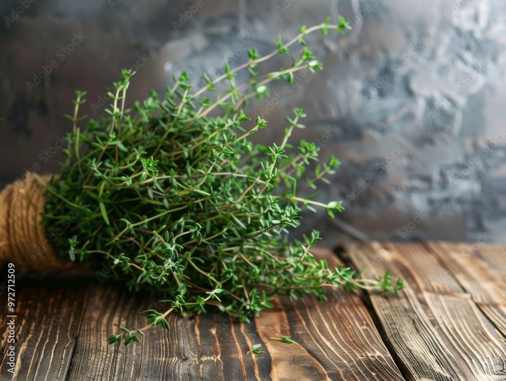 thyme bouquet on a modern wooden table thyme bouquet on a modern wooden table
