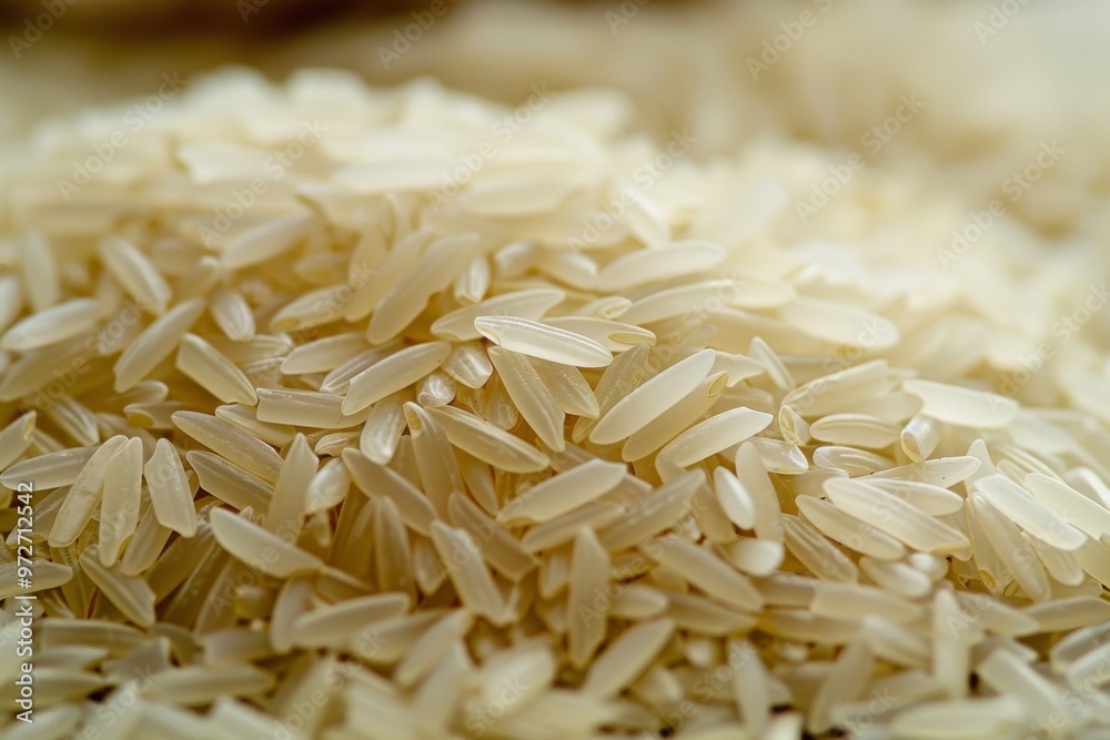 A close-up view of uncooked white rice grains piled on a wooden surface, showcasing their smooth texture and natural sheen in natural light during the day A close-up view of uncooked white rice grains piled on a wooden surface, showcasing their smooth texture and natural sheen in natural light during the day