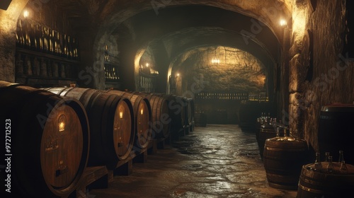 A German breweryâ€™s beer cellar, showcasing rows of aging barrels and bottles