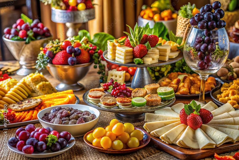 Vibrant array of colorful finger foods, including fruits, cheeses, crackers, and desserts, artfully arranged on a Vibrant array of colorful finger foods, including fruits, cheeses, crackers, and desserts, artfully arranged on a