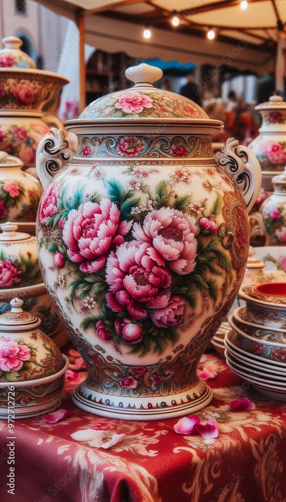 italienische Töpferware mit einem Pfingstrosen Motiv auf einem Kunstmarkt in Italien italienische Töpferware mit einem Pfingstrosen Motiv auf einem Kunstmarkt in Italien