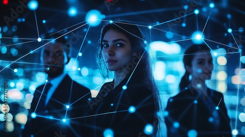 A group of business professionals connected by glowing digital network lines, symbolizing teamwork, technology, and global communication in a futuristic setting.