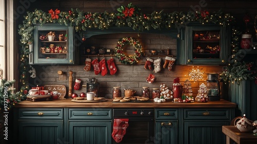 Kitchen decorated for Christmas with gingerbread cookies, hot cocoa, and a wreath hanging on the cabinet. 4K hyperrealistic photo.