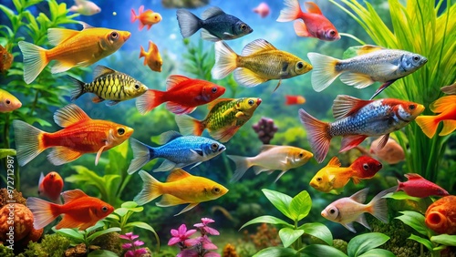 Vibrant assortment of exotic pet fish species, including neon tetras, angelfish, guppies, and betta fish, swim together photo