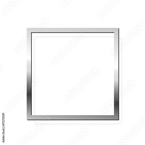 Silver square photo frame on white background. Steel game button. Blank space for picture, painting, card. 3d realistic chrome empty template vector illustration. Simple object mockup.