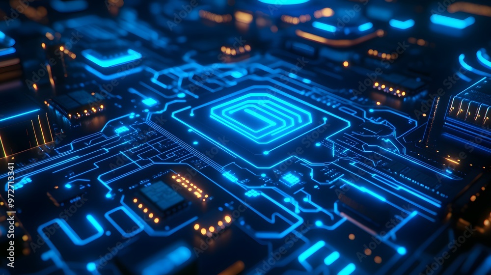 A futuristic circuit board glowing in neon blue, filled with intricate technology patterns and digital landscape elements, showcasing high-tech machinery in a cyberpunk aesthetic. A futuristic circuit board glowing in neon blue, filled with intricate technology patterns and digital landscape elements, showcasing high-tech machinery in a cyberpunk aesthetic.