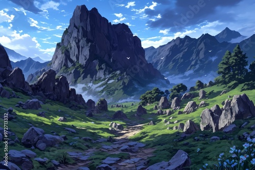 Serene Anime Mountain Landscape with Winding Path photo