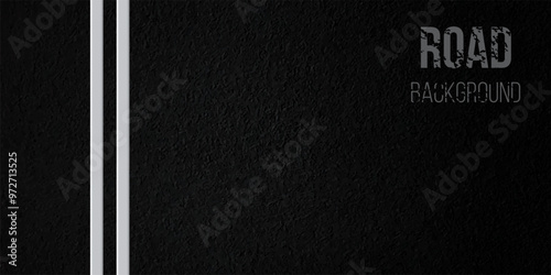Asphalt background. Textured black road with two white continuous straight lines. Top view of highway with white markup. Street, traffic, direction, navigation, trip, racing. Realistic 3d vector.