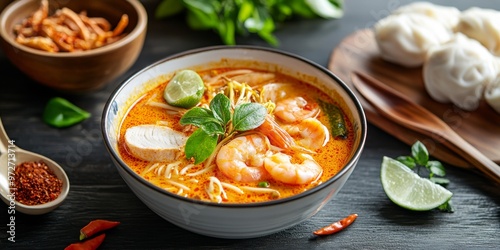 Malaysian Hawker Stall with a Bowl of Laksa photo