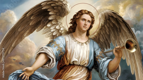 Archangel Gabriel Ascending in Majestic Heavenly Glory Holding a Trumpet as Divine Light Radiates from the Skies Symbolizing the Sacred Role of Gods Messenger in Spiritual Realms and Biblical Prophecy