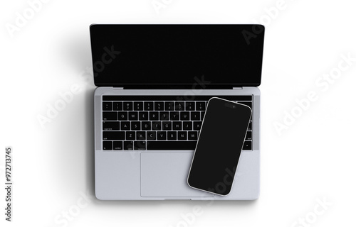 Laptop and phone mockup isolated. Computer with empty blank screen. Top view.