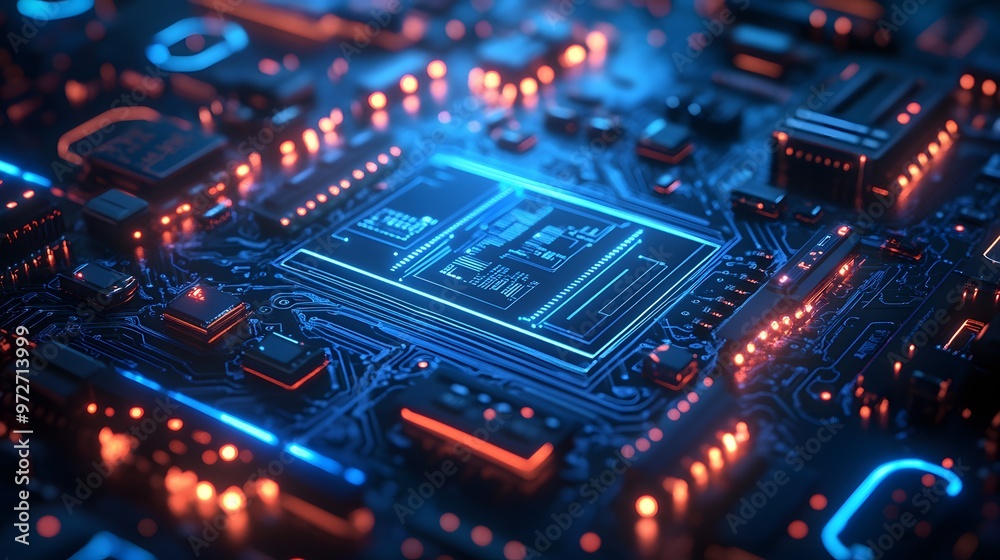 A futuristic circuit board glowing in neon blue, filled with intricate technology patterns and digital landscape elements, showcasing high-tech machinery in a cyberpunk aesthetic. A futuristic circuit board glowing in neon blue, filled with intricate technology patterns and digital landscape elements, showcasing high-tech machinery in a cyberpunk aesthetic.