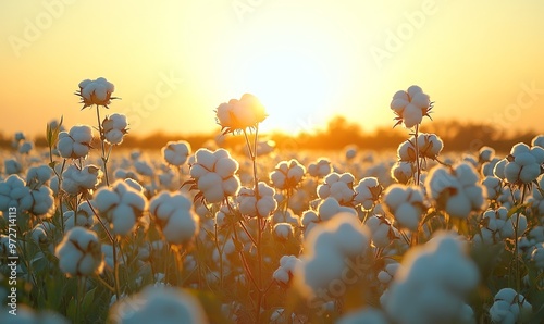 Serene Cotton Field at Sunset with Fluffy Bolls and Natural Textures. AI generated illustration