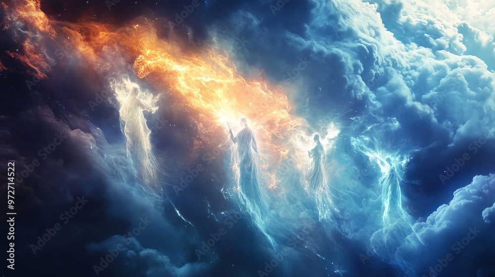 Celestial beings emerge from vibrant clouds in a cosmic display of color and light during a galactic event Celestial beings emerge from vibrant clouds in a cosmic display of color and light during a galactic event