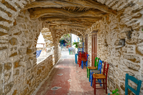 Fototapeta Naklejka Na Ścianę i Meble -  Tholaria village with narrow streets and traditional Cycladic architecture. Amorgos, Greece