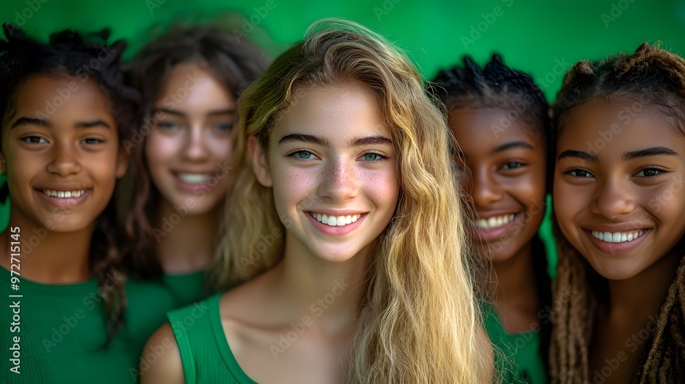 Young student friends posing against a bright green background, expressing joy and diversity in education.