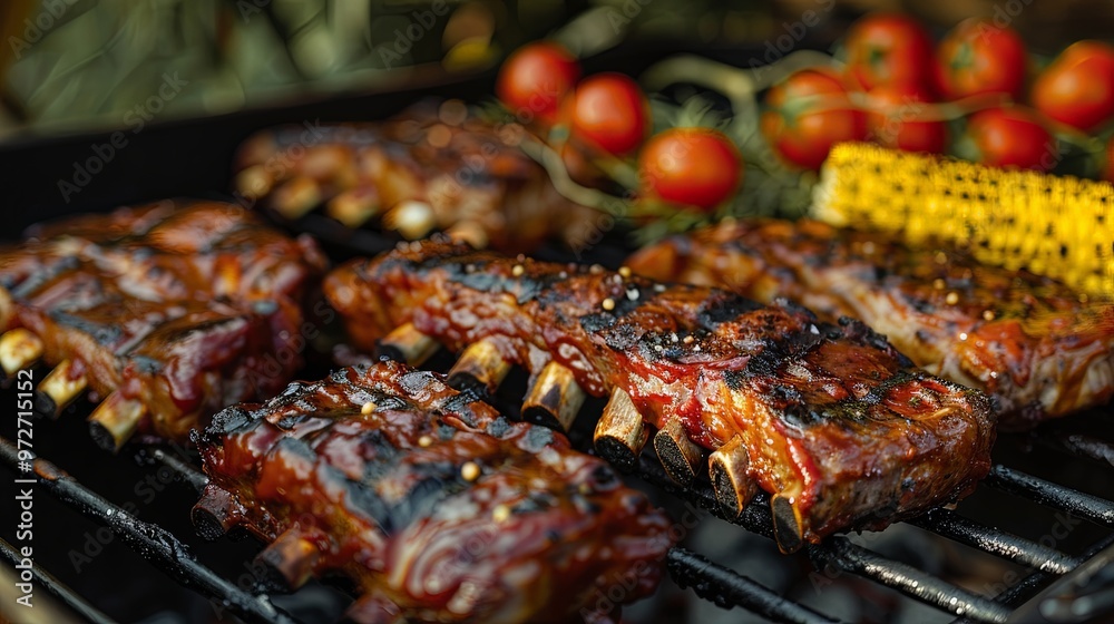 Juicy grilled pork ribs with a crispy char, surrounded by ripe cherry tomatoes and garnished with herbs, epitomizing a delicious BBQ feast ready to be savored. Juicy grilled pork ribs with a crispy char, surrounded by ripe cherry tomatoes and garnished with herbs, epitomizing a delicious BBQ feast ready to be savored.