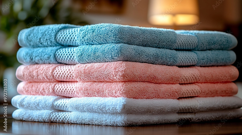 Textured Stack of Colorful Towels with Teal Accent - AI generated illustration Textured Stack of Colorful Towels with Teal Accent - AI generated illustration