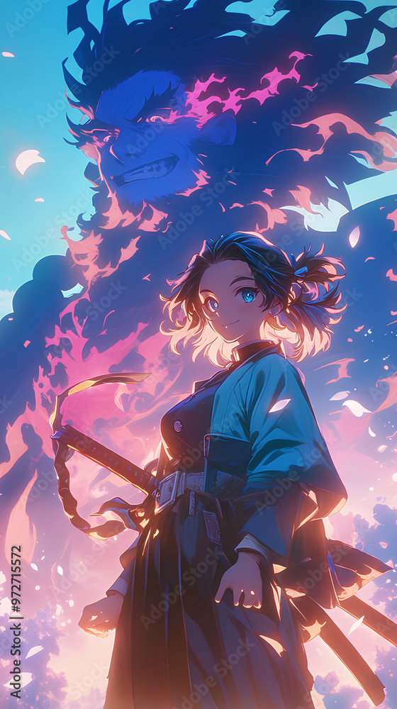 Anime boy and girl in samurai uniform style in Vertical background Anime boy and girl in samurai uniform style in Vertical background
