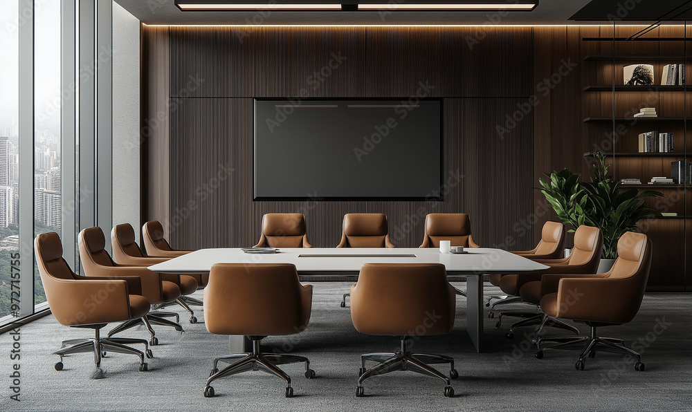 Modern-style mockup of the interior design of an office conference room with a gray carpet floor and walls made of dark brown wood. Modern-style mockup of the interior design of an office conference room with a gray carpet floor and walls made of dark brown wood.