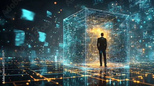 Silhouette of a man inside a glowing digital cube, surrounded by abstract data visuals. Represents technology, innovation, and virtual reality.