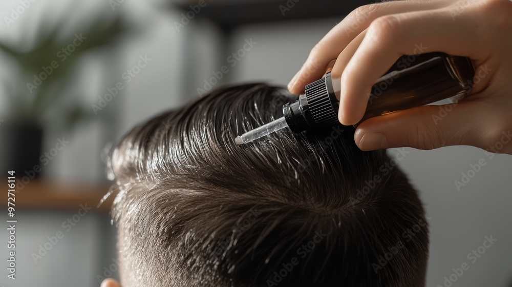 Naklejka premium Applying hair serum to smooth and enhance the texture of a young man's hairstyle in a contemporary indoor setting