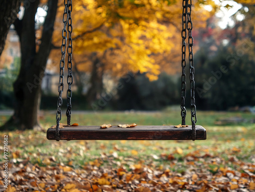 Orange fall leaves in park, autumn natural background, Autumn Landscape - Trees And Orange Foliage In Park