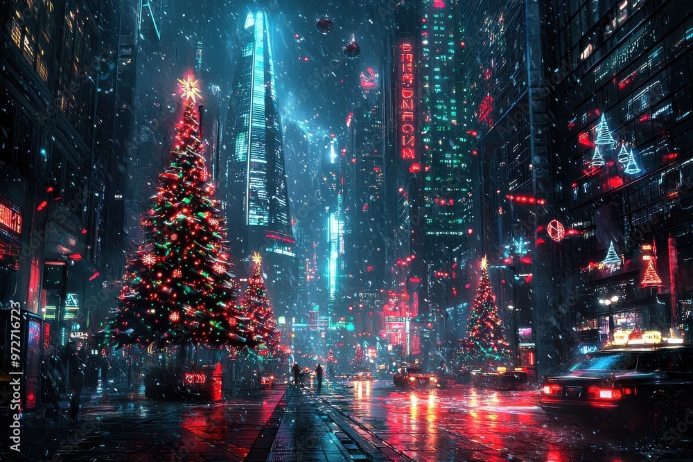 Obraz premium Festive Christmas tree in vibrant Times Square at night, New York City