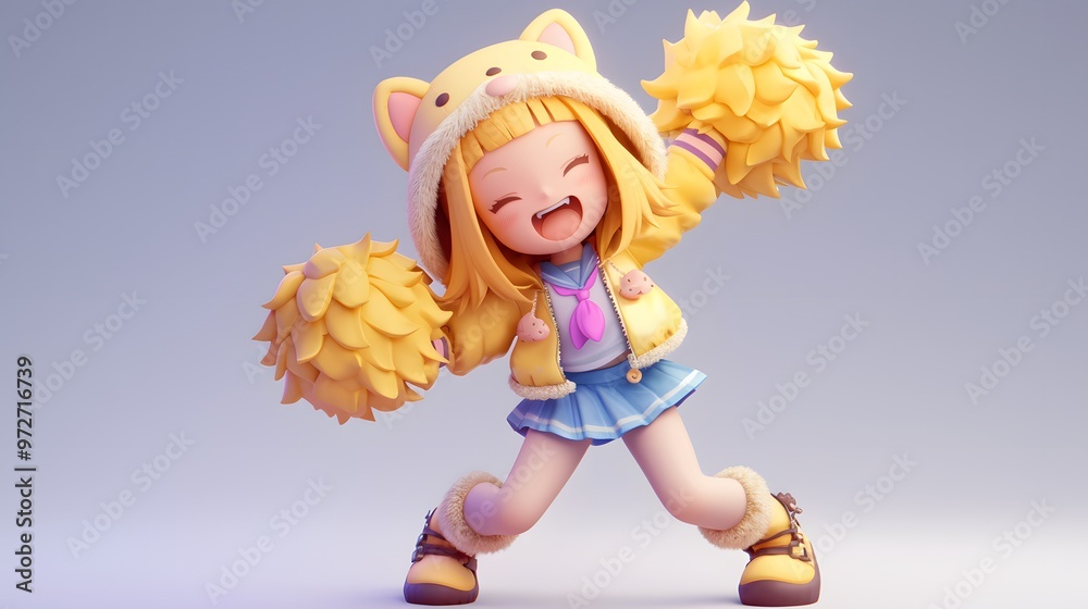 Cheerful 3D Cartoon Girl with Pompoms. Cheerful 3D Cartoon Girl with Pompoms.