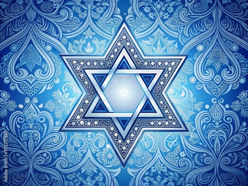 Vibrant blue and white Jewish symbol, intricately designed with six-pointed star, surrounded by ornate patterns and photo