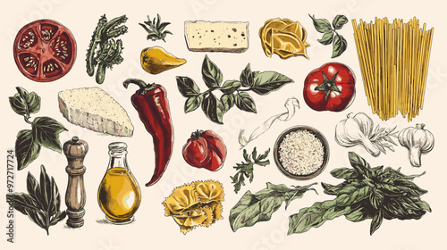 Italian food set, ingredients. Hand drawn illustration set of traditional products: olive oil, tomatoes, mozzarella, pizza, cheese, pasta, peppers. Rustic retro vector food set