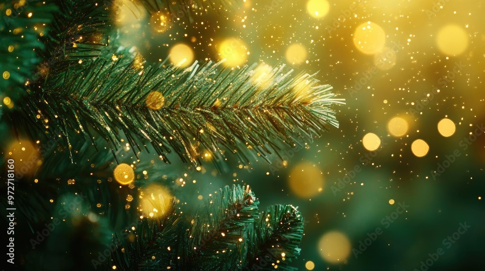 Beautiful close-up of a pine branch adorned with sparkling lights, creating a magical festive atmosphere during the holiday season. Beautiful close-up of a pine branch adorned with sparkling lights, creating a magical festive atmosphere during the holiday season.