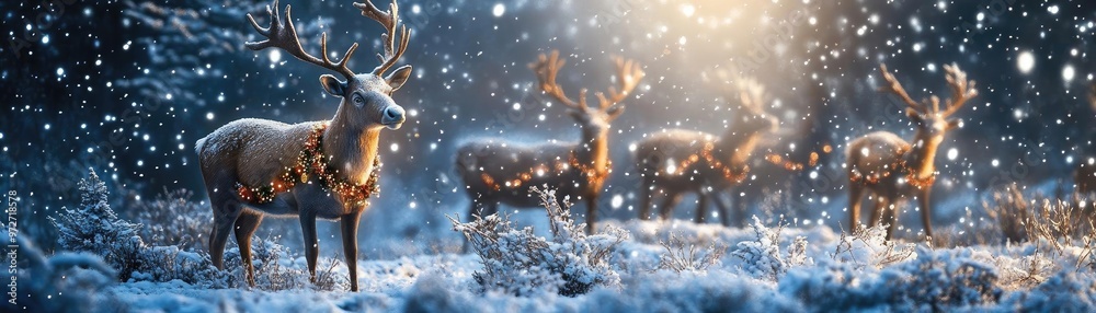 Majestic reindeer in a snowy landscape, illuminated by soft light amidst falling snowflakes, creating a magical winter scene. Majestic reindeer in a snowy landscape, illuminated by soft light amidst falling snowflakes, creating a magical winter scene.