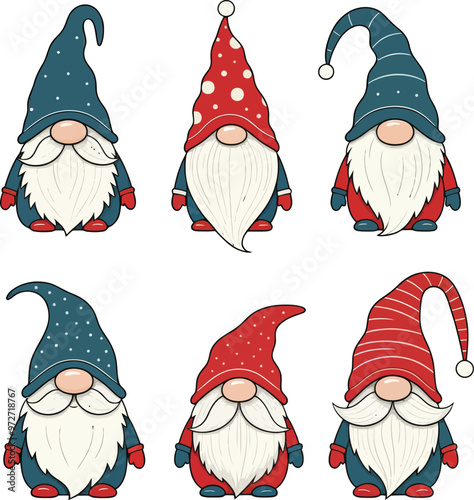 Six adorable and minimalist gnomes, each with a unique blue or red hat in various playful shapes, from pointy to curved 