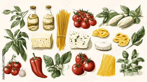 Italian food set, ingredients. Hand drawn illustration set of traditional products: olive oil, tomatoes, mozzarella, pizza, cheese, pasta, peppers. Rustic retro vector food set