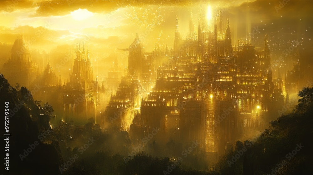 Obraz premium A golden city illuminated by sunlight with towering structures surrounded by lush trees at dusk