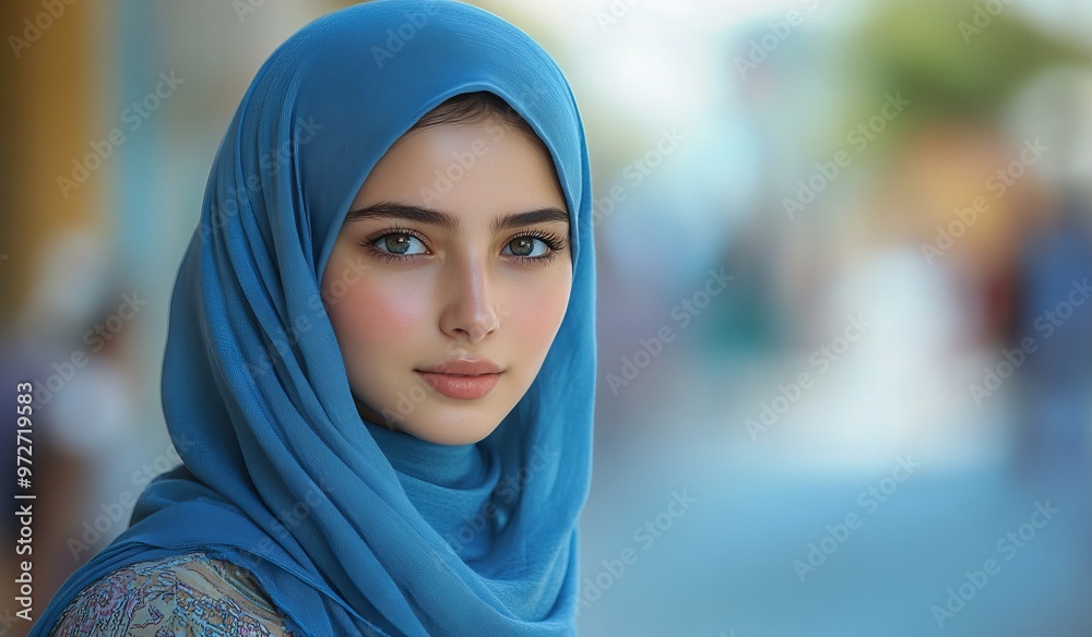 Beautiful Young Muslim Woman in Blue Hijab and Dress, Candid Street Photography - AI generated illustration