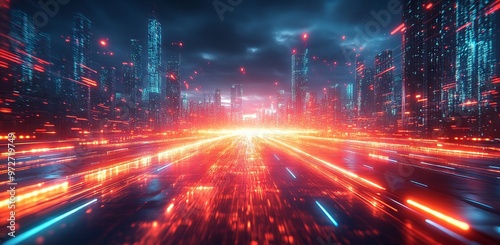 Futuristic Cityscape with High-Speed Data Transfer Lines in Red and Blue - AI generated illustration