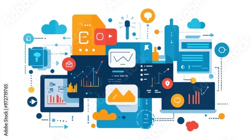 Colorful digital illustration of technology and data analysis with graphs and icons representing modern communication tools