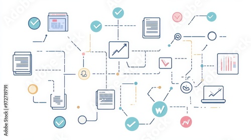 Visual representation of data flow and connections in digital information systems across various devices and formats