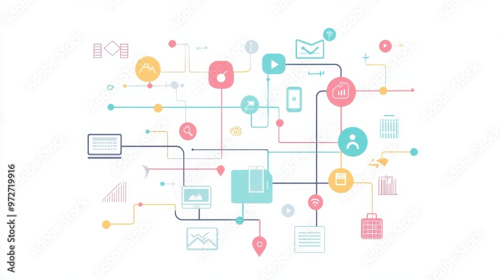 Abstract representation of digital connections with icons and lines illustrating technology and data flow in a modern workspace Abstract representation of digital connections with icons and lines illustrating technology and data flow in a modern workspace