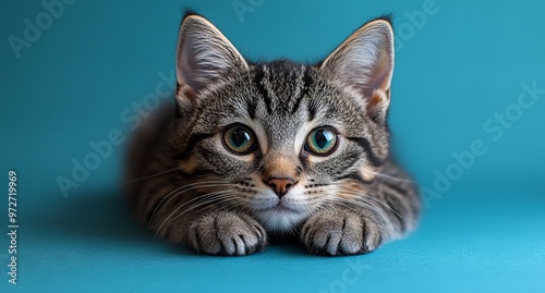 Grey Tabby Cat Relaxing on Blue Background in Studio Shot - AI generated illustration