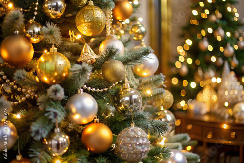 Luxuriously decorated Christmas tree with golden lights and sparkling ornaments, creating a glamorous and festive ambiance, perfect for holiday celebrations photo