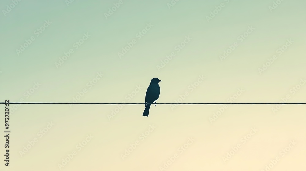 Minimalist shot of a single bird perched on a wire against a pale sky, with clean lines and a sense of quiet solitude, capturing the essence of simplicity in nature, 4K hyperrealistic photo. Minimalist shot of a single bird perched on a wire against a pale sky, with clean lines and a sense of quiet solitude, capturing the essence of simplicity in nature, 4K hyperrealistic photo.