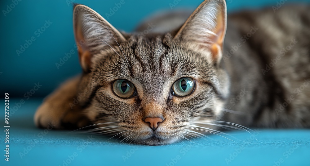 Grey Tabby Cat Relaxing on Blue Background in Studio Shot - AI generated illustration Grey Tabby Cat Relaxing on Blue Background in Studio Shot - AI generated illustration