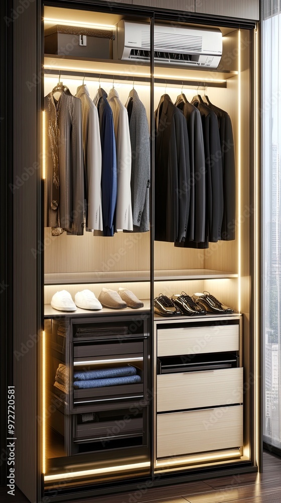 A light oak wardrobe stands tall with an air conditioner on top, accompanied by a window view and hanging garments nearby, creating a chic modern ambiance A light oak wardrobe stands tall with an air conditioner on top, accompanied by a window view and hanging garments nearby, creating a chic modern ambiance