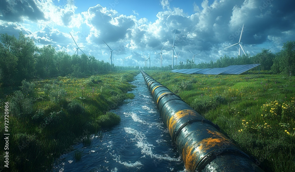 Oil Pipe with Wind Turbines, Solar Panels, and Green Fields in Advertisement for Virtual Reality Camera - AI generated illustration Oil Pipe with Wind Turbines, Solar Panels, and Green Fields in Advertisement for Virtual Reality Camera - AI generated illustration