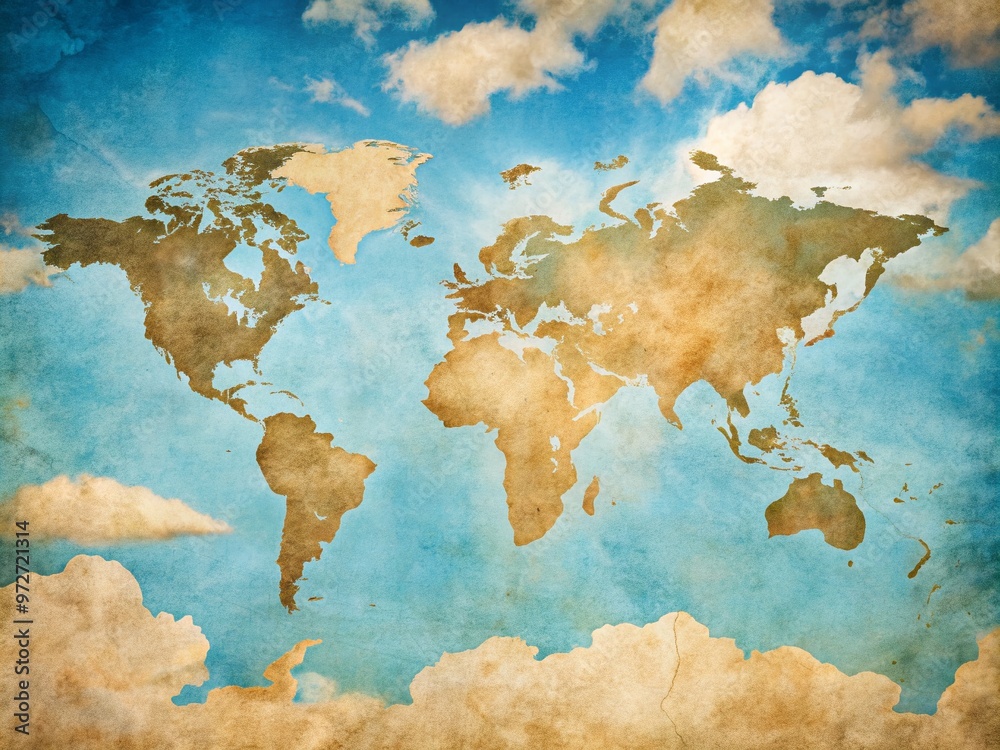 Fototapeta premium Vibrant blue sky with puffy white clouds serves as a stunning backdrop for a vintage-style world map, featuring